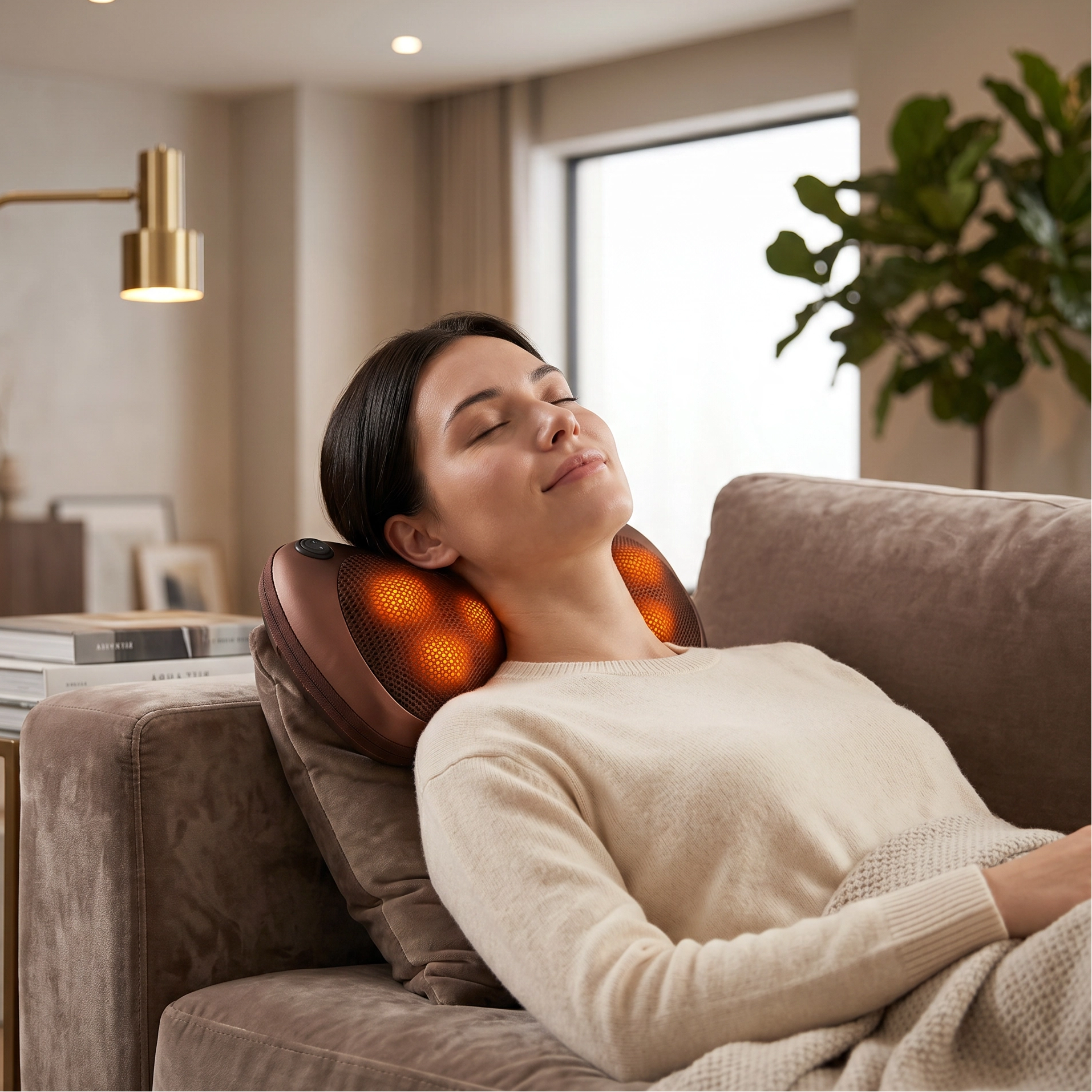 Woman using a neck massager in a cozy living room, Electronic shiatsu massage pillow with heat for back and neck
