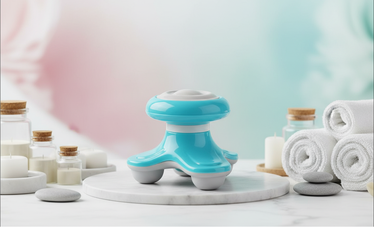 Blue and white handheld device on a marble surface with towels and jars in the background